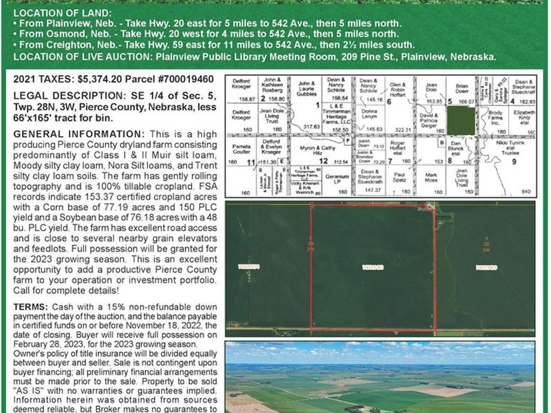 159.75 Acres Productive Pierce : Plainview : Pierce County : Nebraska